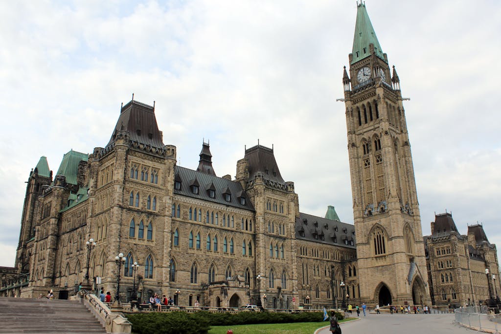 Capture of the striking Gothic Revival style Parliament buildings in Ottawa, Canada.